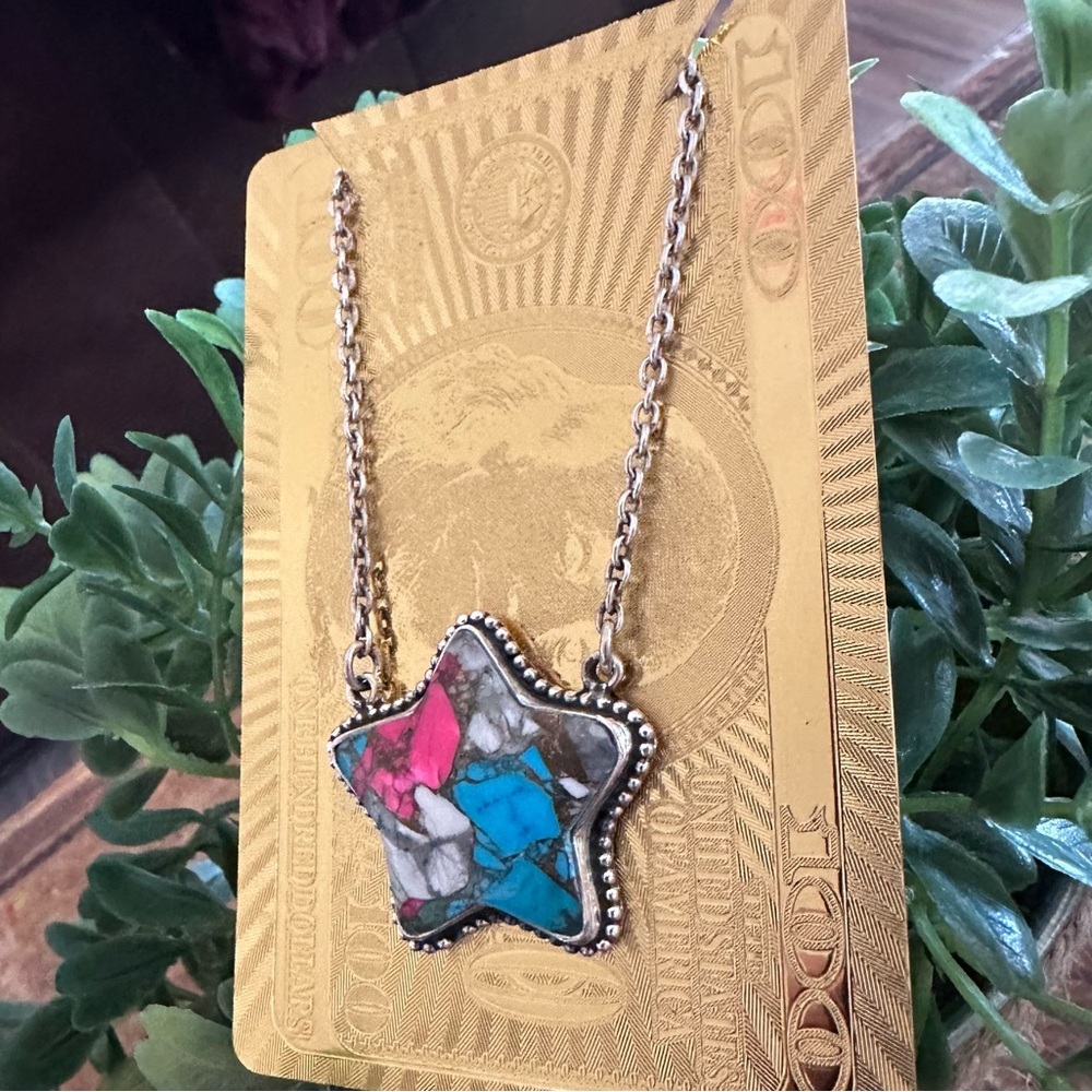 Sterling Silver 925 Cotton Candy Star Necklace Pink and Blue White 18”-20”